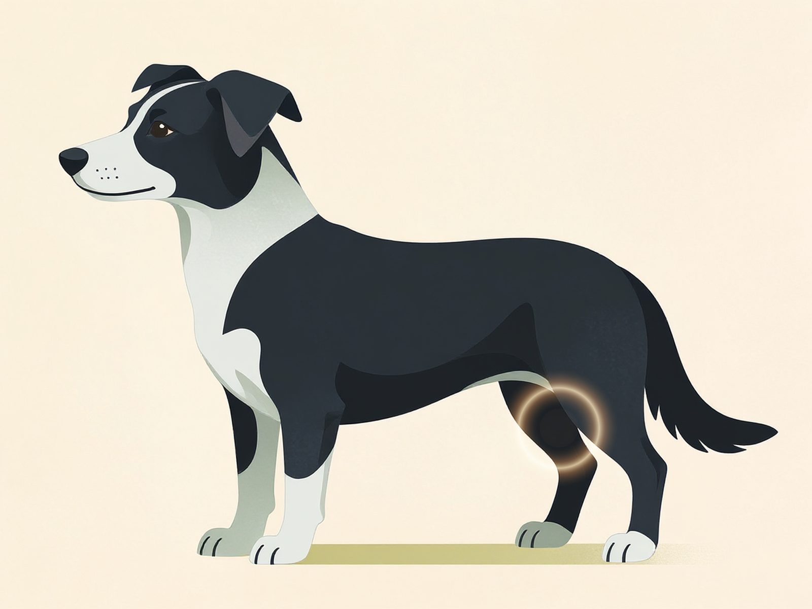 Illustration of a black and white collie standing in profile, with a soft amber ring marking the stifle — the knee joint on the rear leg.
