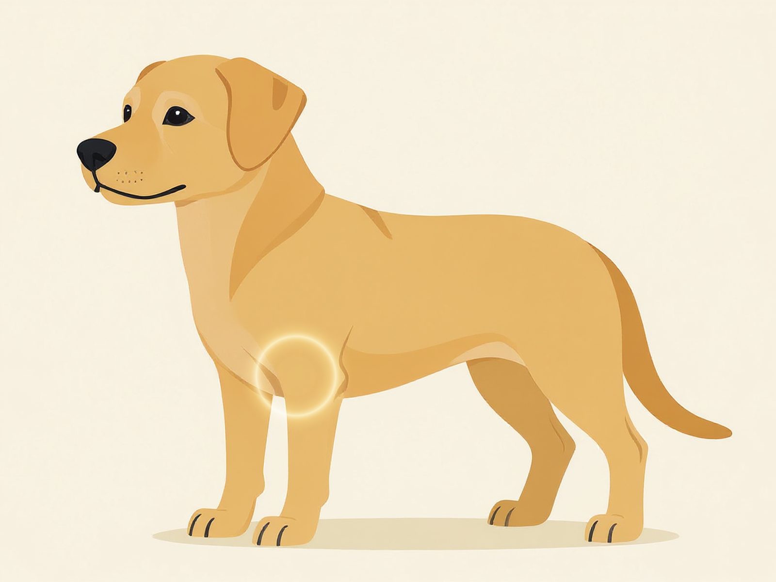 Illustration of a yellow Labrador standing in profile, with a soft amber ring marking the elbow joint on the front leg, just below the chest.