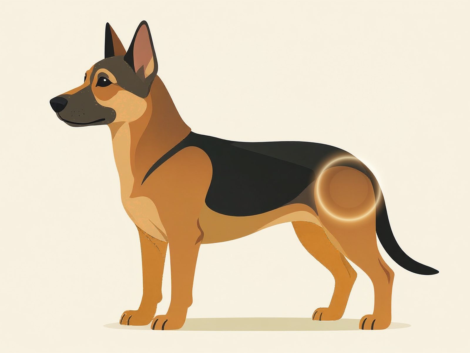 Illustration of a German Shepherd standing in profile, with a soft amber ring marking the hip joint where the rear leg meets the body.