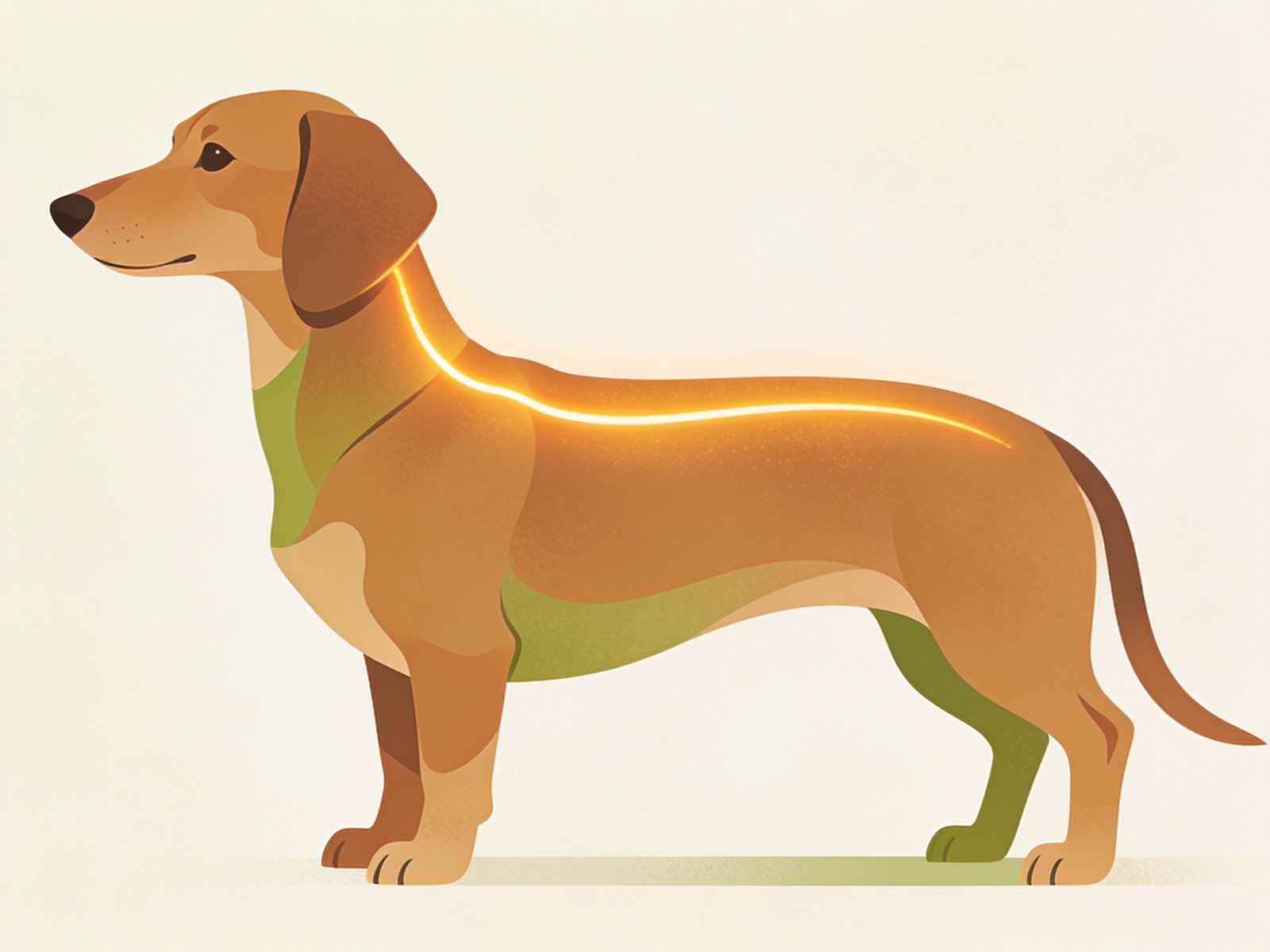 Illustration of a long-backed dachshund with the spine gently highlighted along its back.